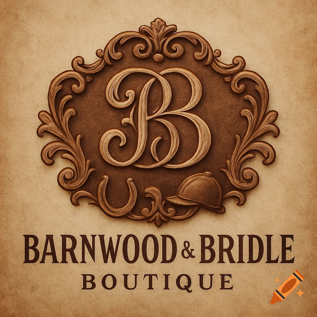 A vintage-inspired logo features an ornate letter B, a horseshoe, and a riding helmet, with "BARNWOOD & BRIDLE BOUTIQUE" text on a distressed brown background.