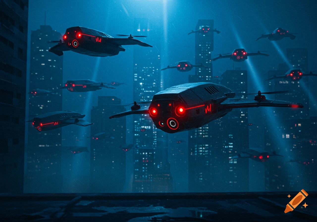 Dark, futuristic drones with glowing red lights fly over a rainy, neon-lit cyberpunk city at night.