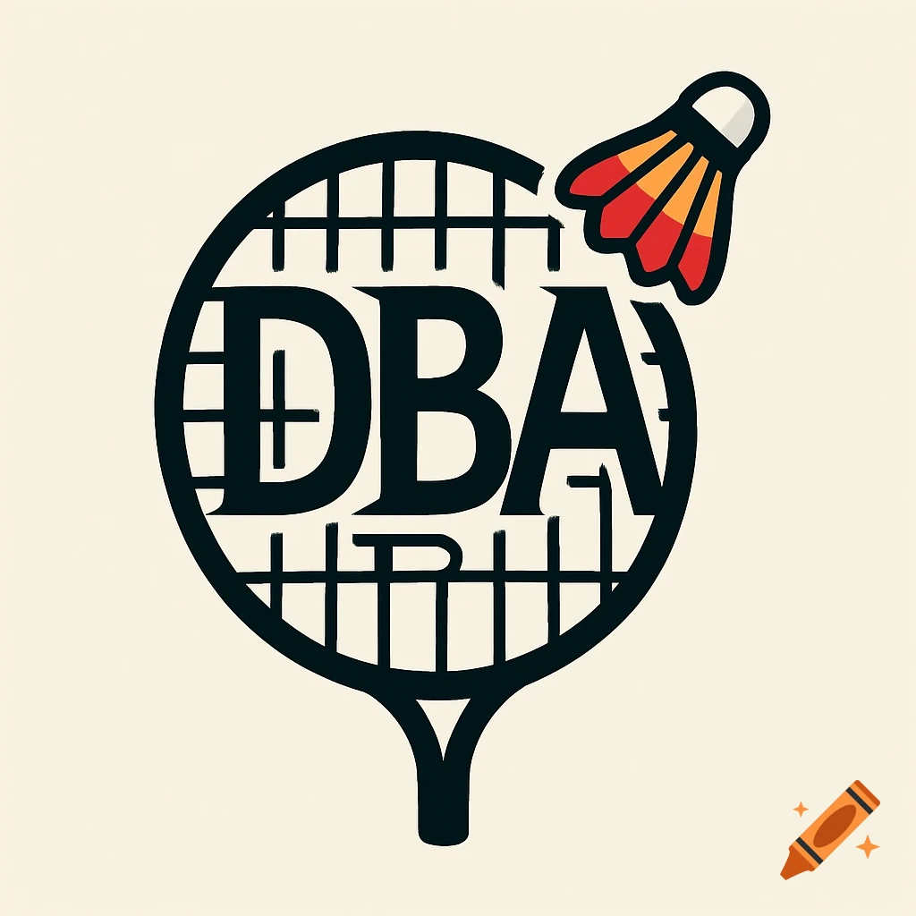 A logo featuring a black badminton racket with 'DBA' as its strings and a shuttlecock with red and yellow feathers.