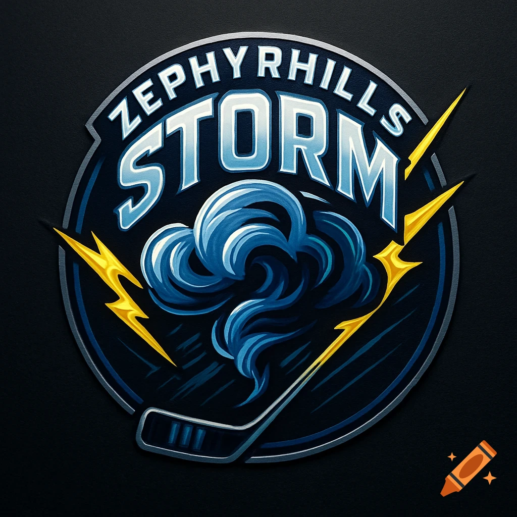 A circular hockey logo for the Zephyrhills Storm team, featuring a stylized storm cloud, lightning bolts, and a hockey stick.