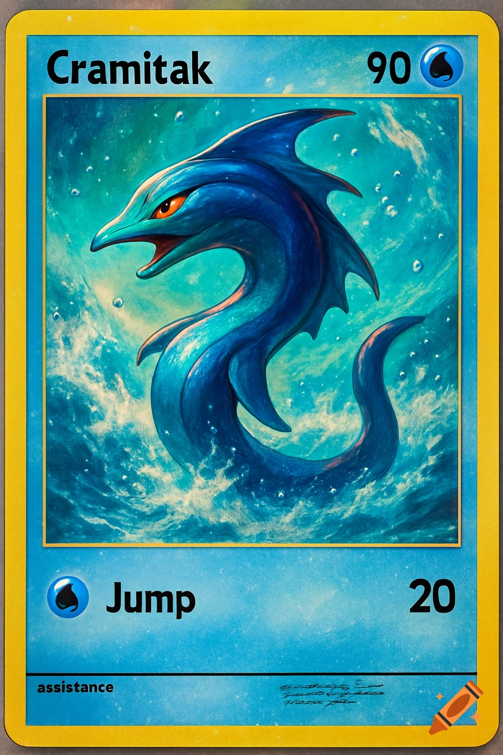 A blue and black serpentine creature with orange eyes swims in turbulent blue water on a trading card. The card is yellow-bordered and labeled 'Cramitak' with '90' and a water symbol, and 'Jump 20' with a water symbol at the bottom.