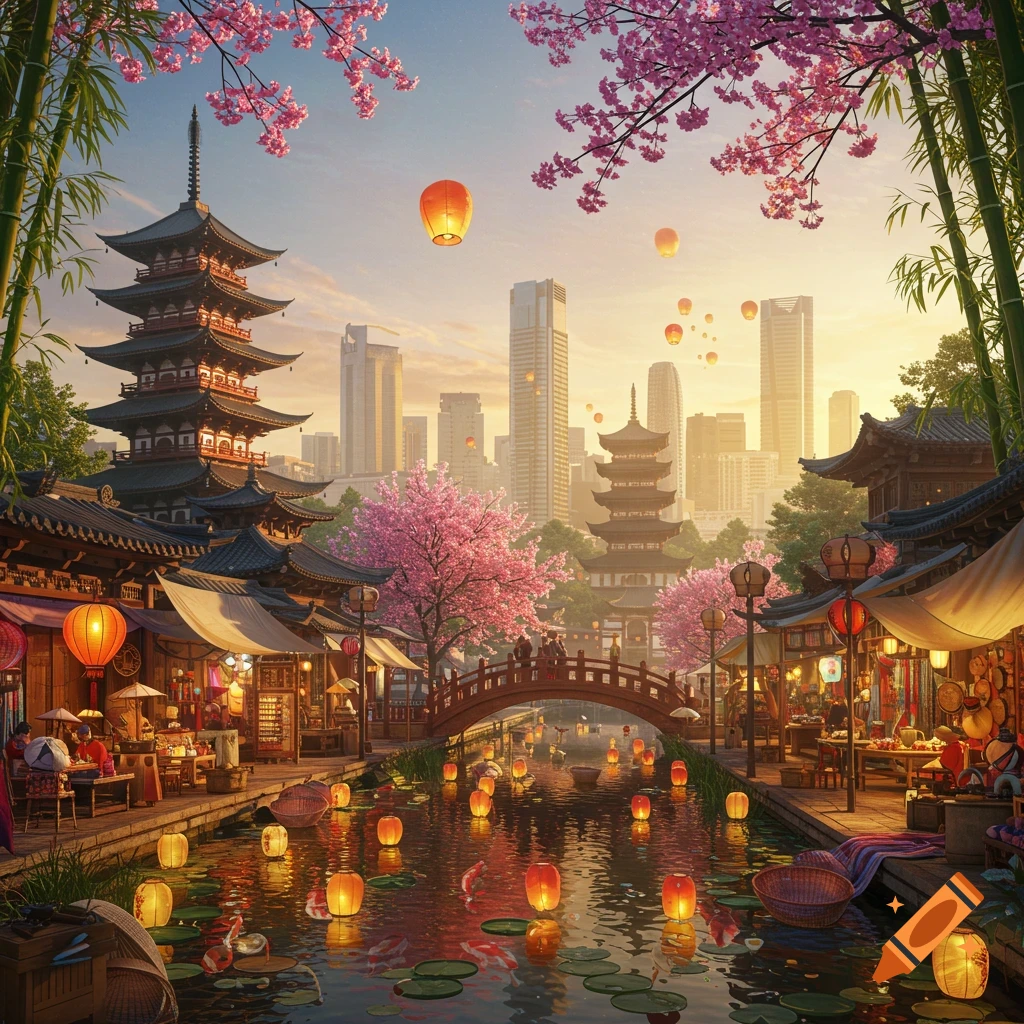A vibrant traditional Asian marketplace at sunset, with pagodas, a canal, floating lanterns, cherry blossoms, and a modern city in the background.