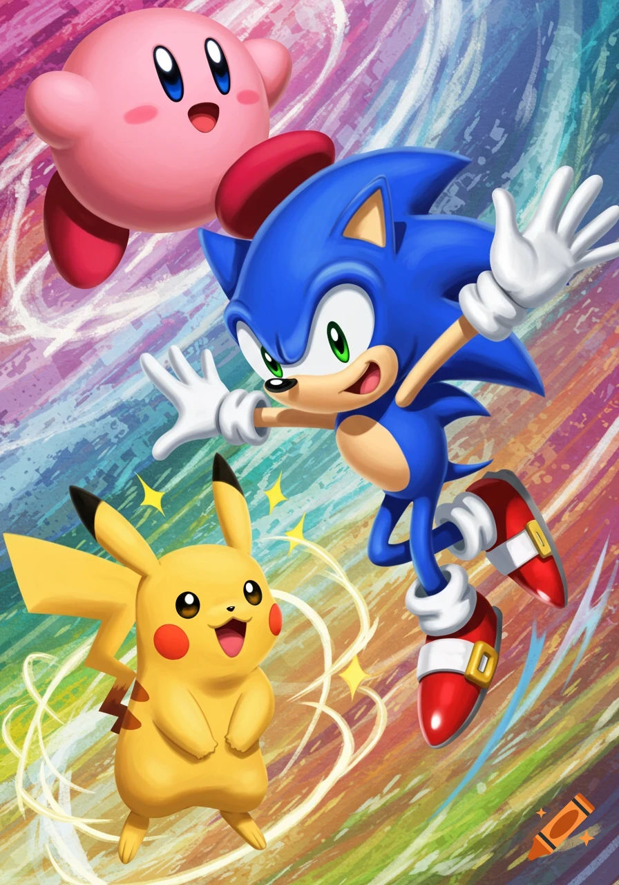 A colorful illustration of Kirby, Sonic the Hedgehog, and Pikachu jumping together against a rainbow-swirl background.