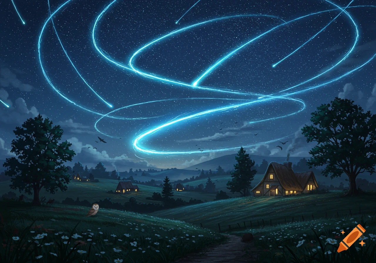 Illustrative night landscape with glowing blue comet trails in a star-filled sky above cottages, fields, trees, and an owl.