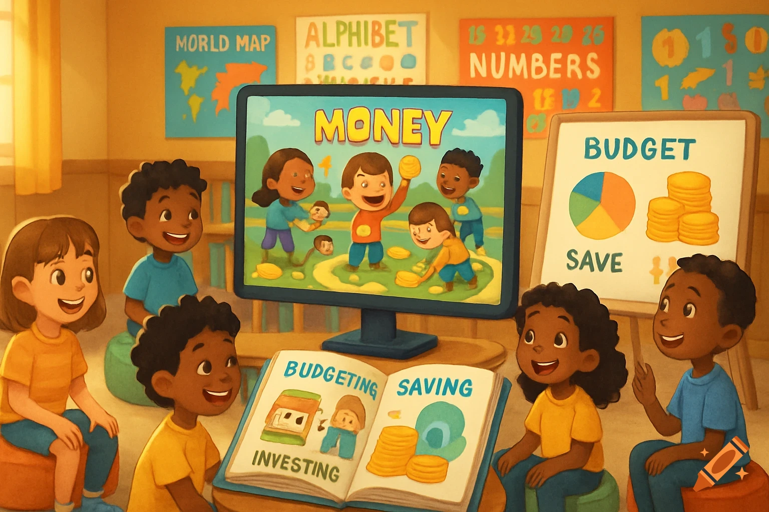 Diverse children in a classroom setting watch a monitor with a money game, read an open book about budgeting, and look at a whiteboard with financial infographics. Stylized illustration.