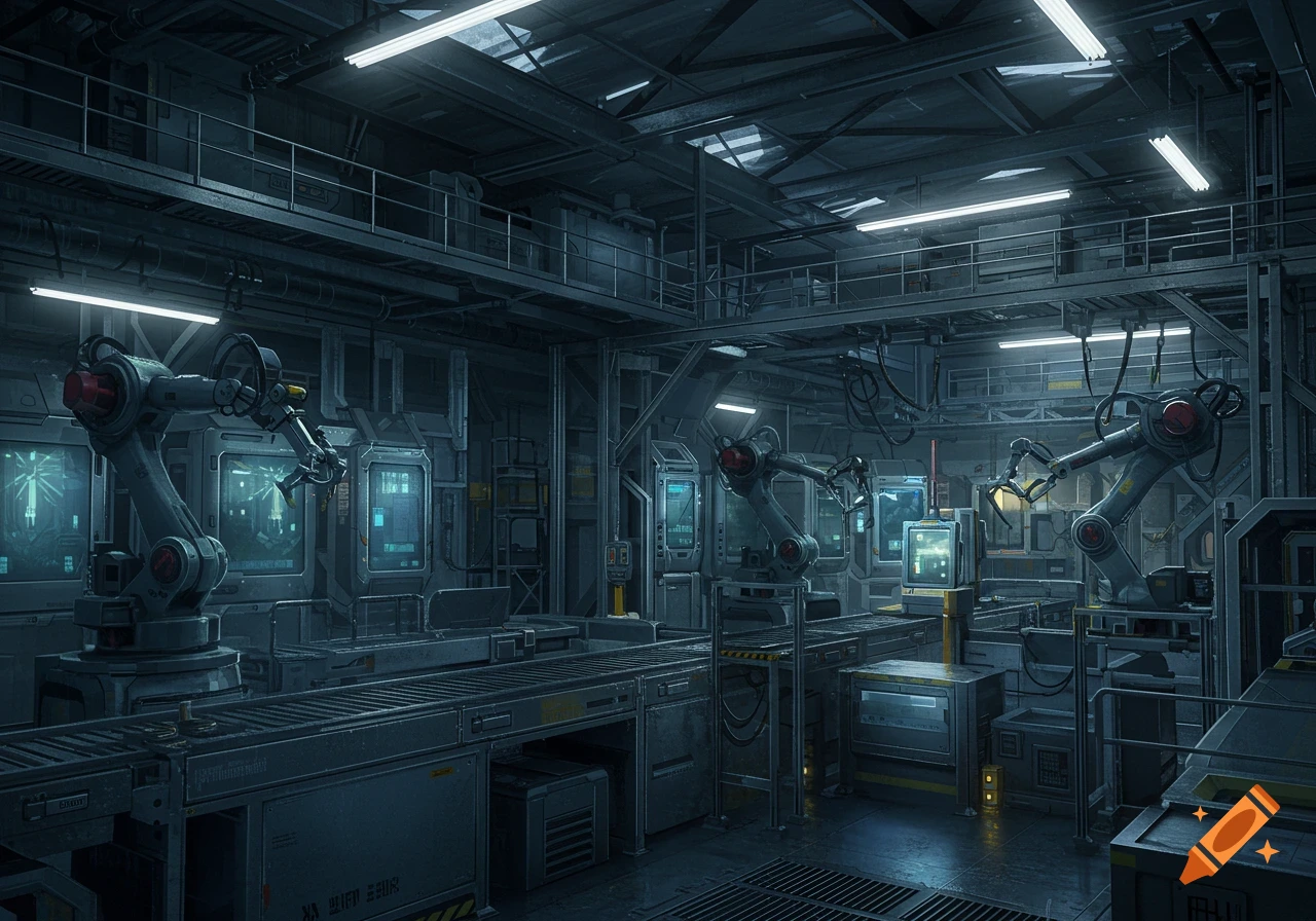 A dark, futuristic industrial factory interior with multiple robotic arms, conveyor belts, and glowing display screens.