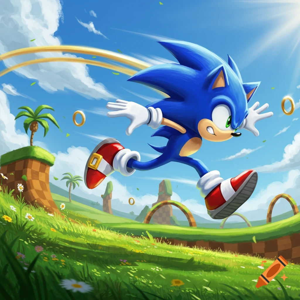 Sonic the Hedgehog runs through a vibrant Green Hill Zone-like landscape with gold rings under a bright blue sky.