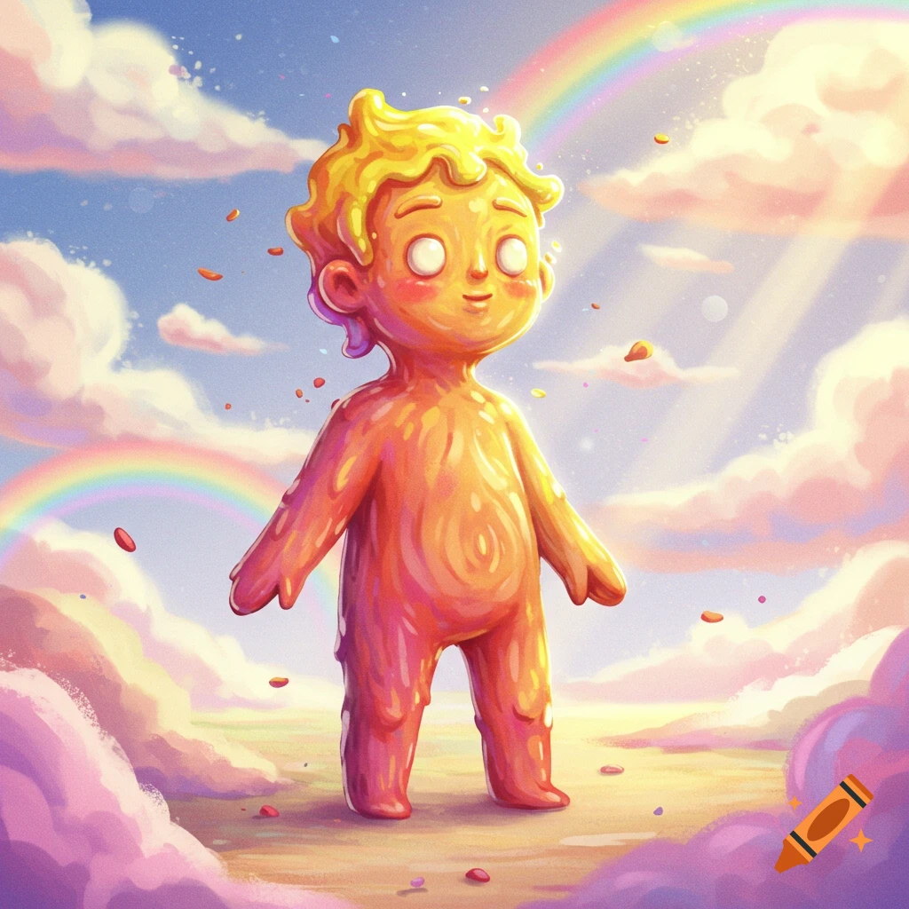 Whimsical illustration of a child-like figure made of orange and yellow wax standing amidst pink clouds and rainbows under sun rays.