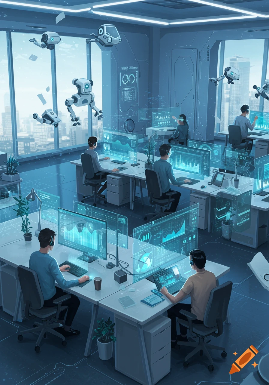 Illustrative overhead view of a futuristic IT office with people working at desks, surrounded by holographic screens and flying drones.