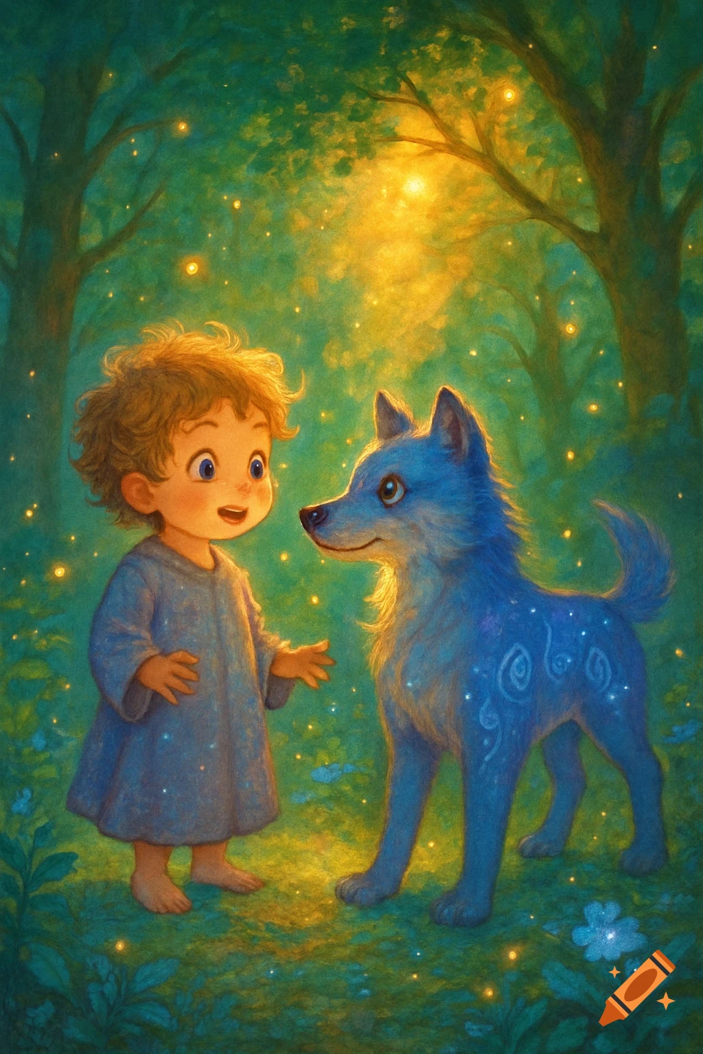A young child in a magical, glowing forest looks at an ethereal blue dog with starry patterns. Dreamlike illustration.