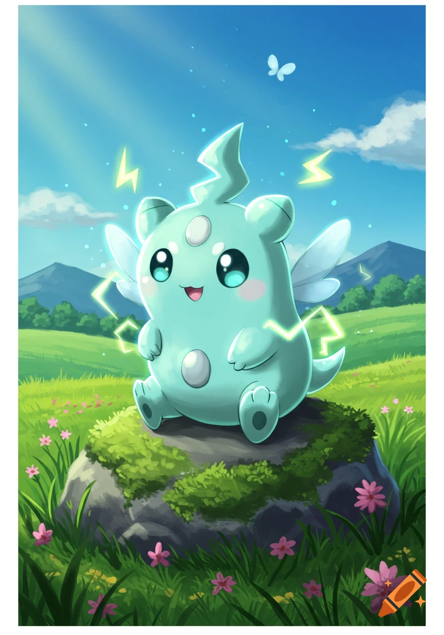 A cute, light blue, winged, electric Pokémon-like creature sits on a mossy rock in a vibrant green field under a blue sky.