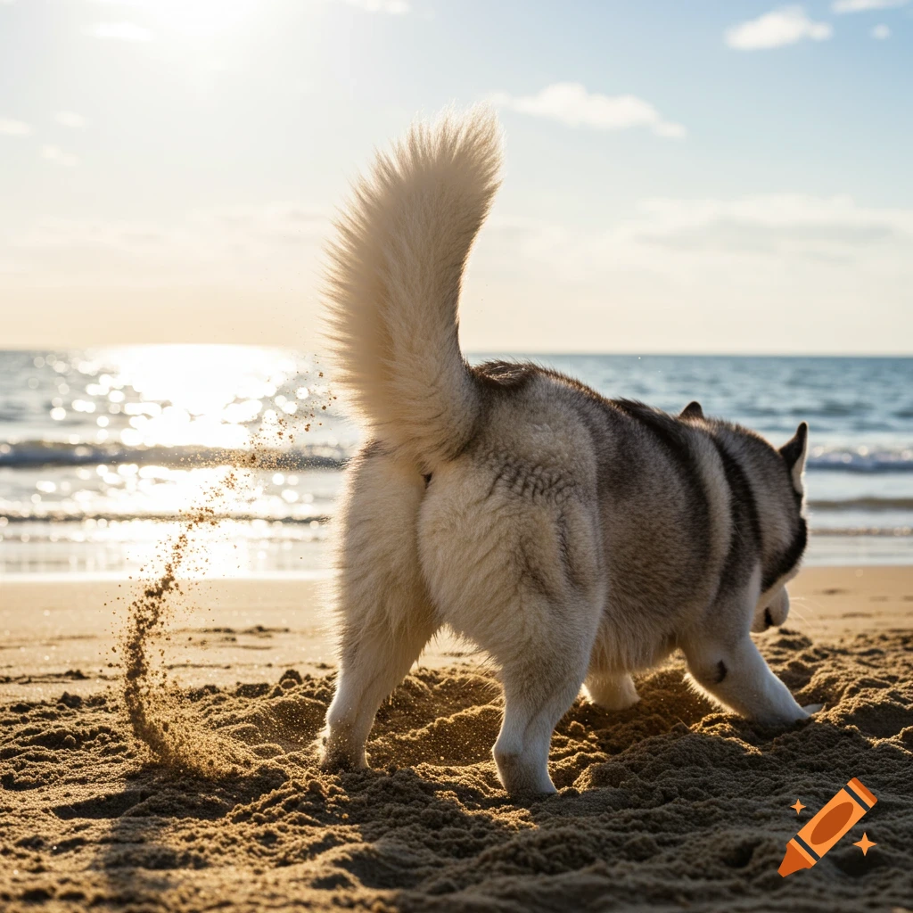 A husky dog, viewed from behind, digs in the sand on a sunny beach with the ocean in the background.