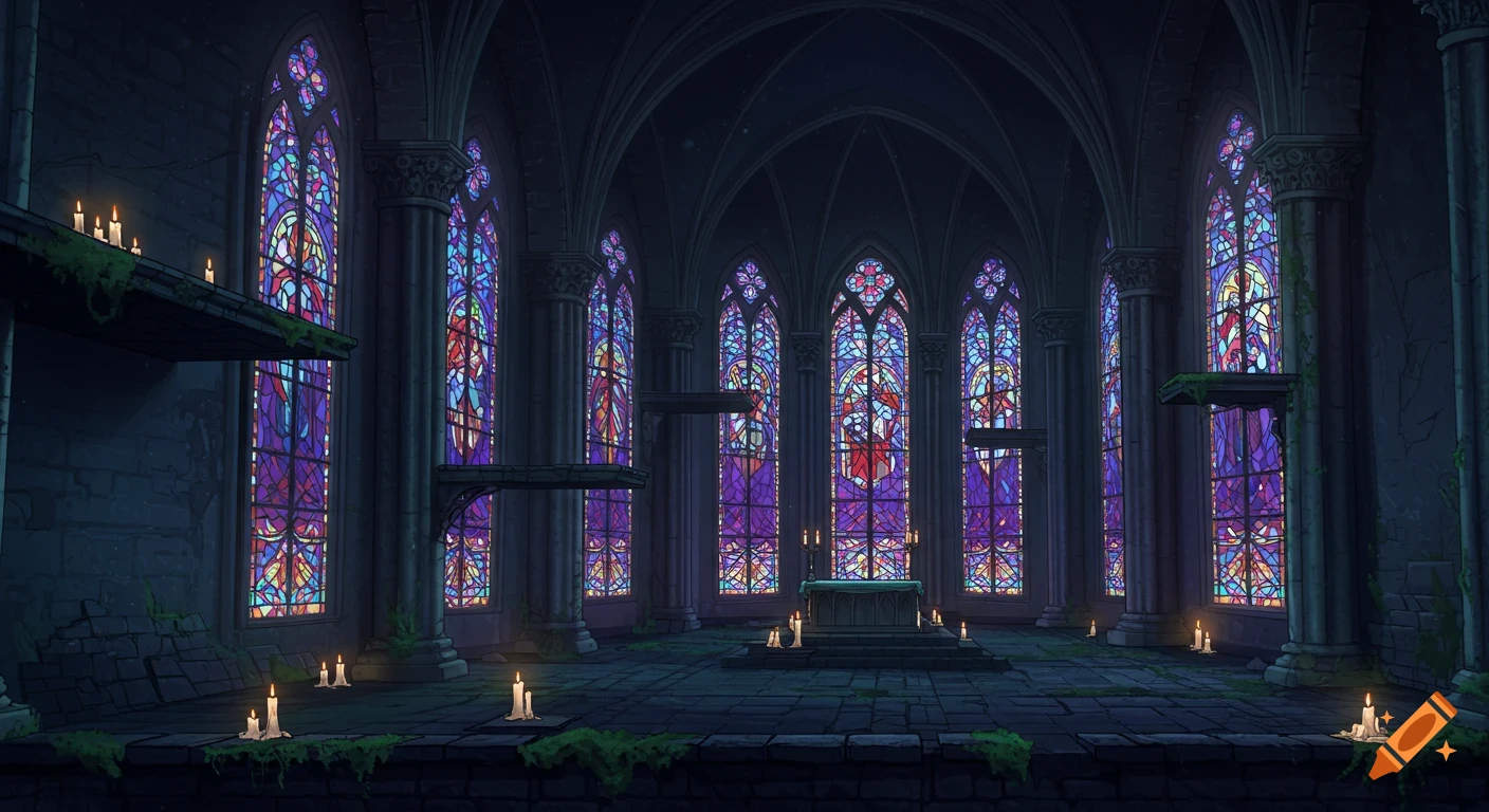 A dark gothic church interior with multiple colorful stained glass windows, illuminated by candles, in a 2D game art style.