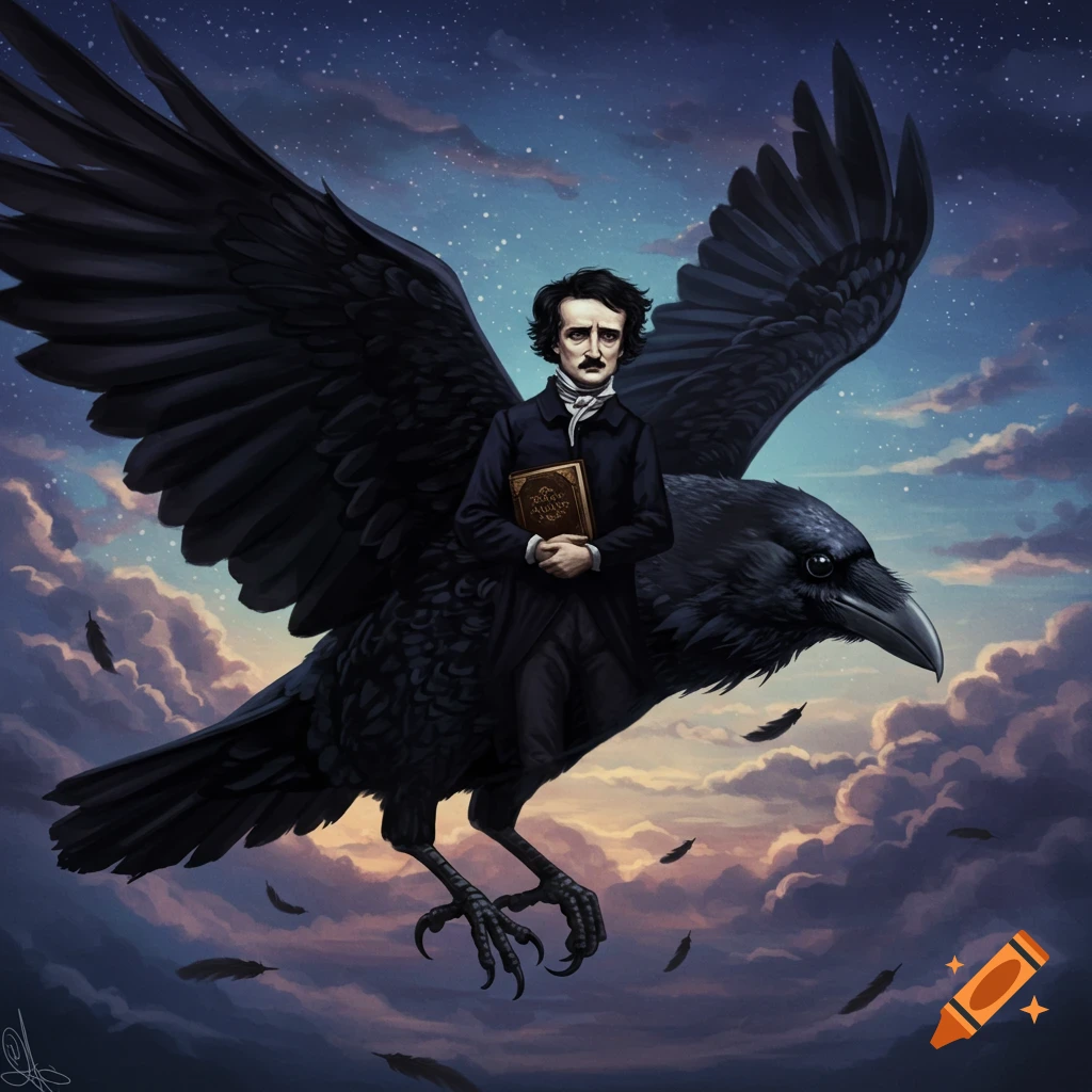 Edgar Allan Poe rides a giant raven through a starry, cloud-filled sky, holding a book in this dark fantasy illustration.