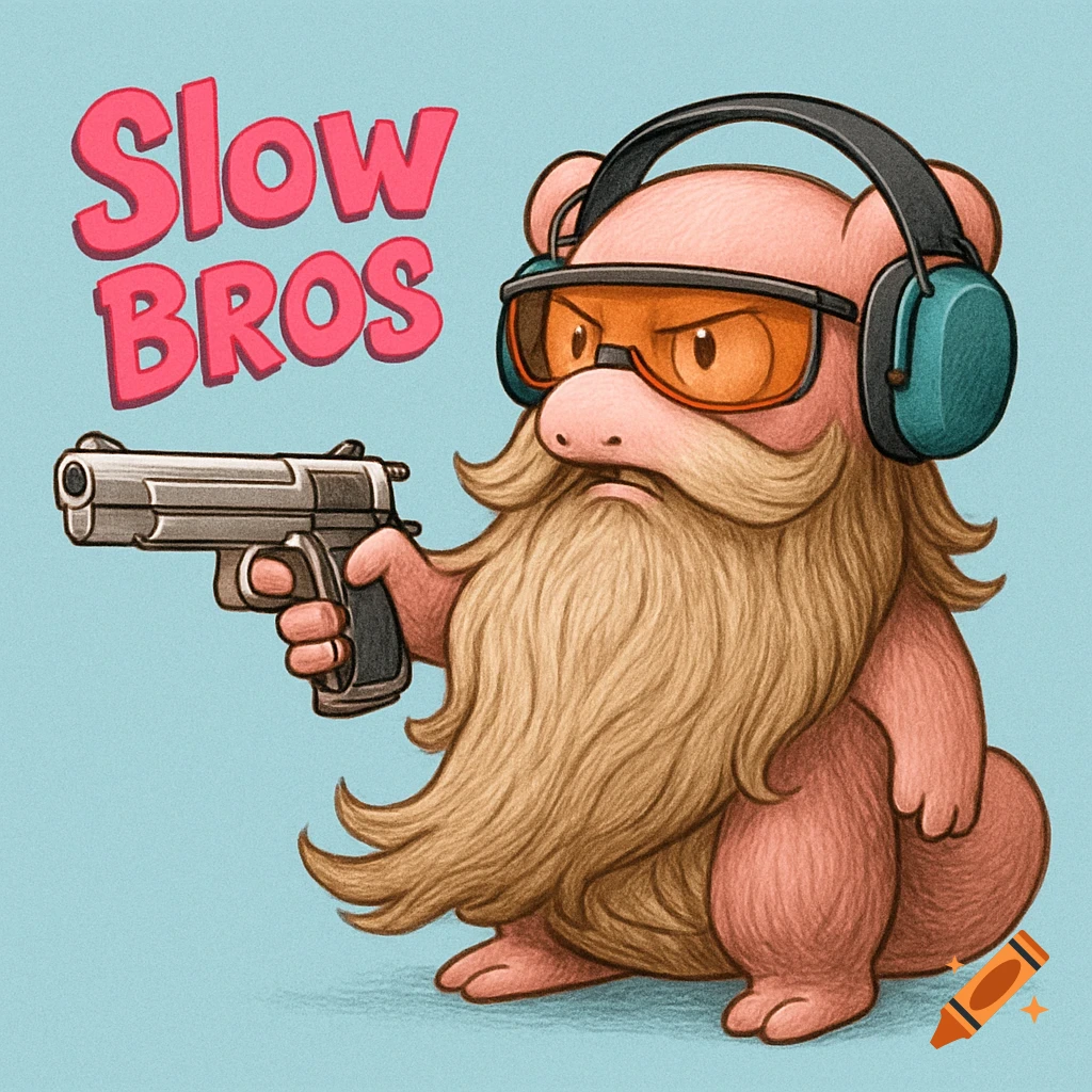 A cartoon pink, bearded Slowbro-like creature with hearing protection and orange glasses holds a pistol, with pink 'Slow BROS' text on a baby blue background.