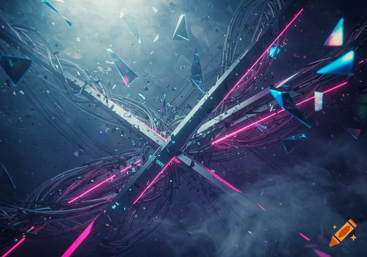 Abstract futuristic scene with glowing pink lines, intertwined wires, shattered geometric shards, and smoke against a dark background.