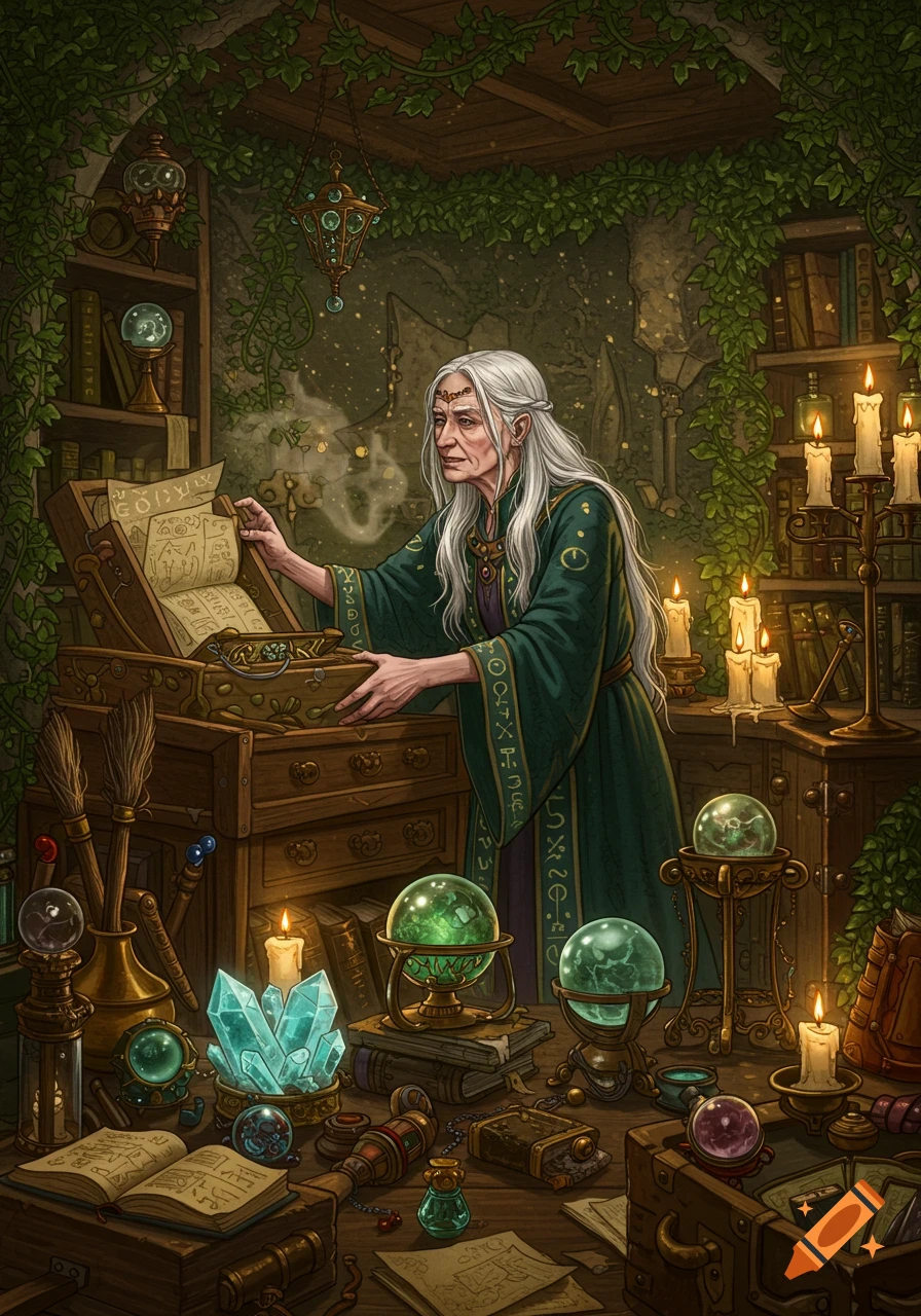 An old witch in a green robe examines a spellbook in a magical, ivy-covered room filled with glowing orbs, crystals, and candles. Detailed fantasy art.
