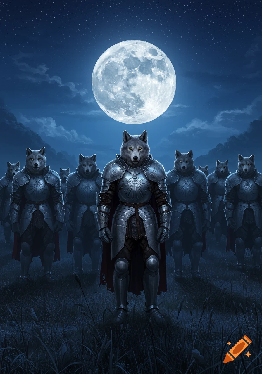 Armored werewolves stand in a dark field at night, under a huge bright full moon.