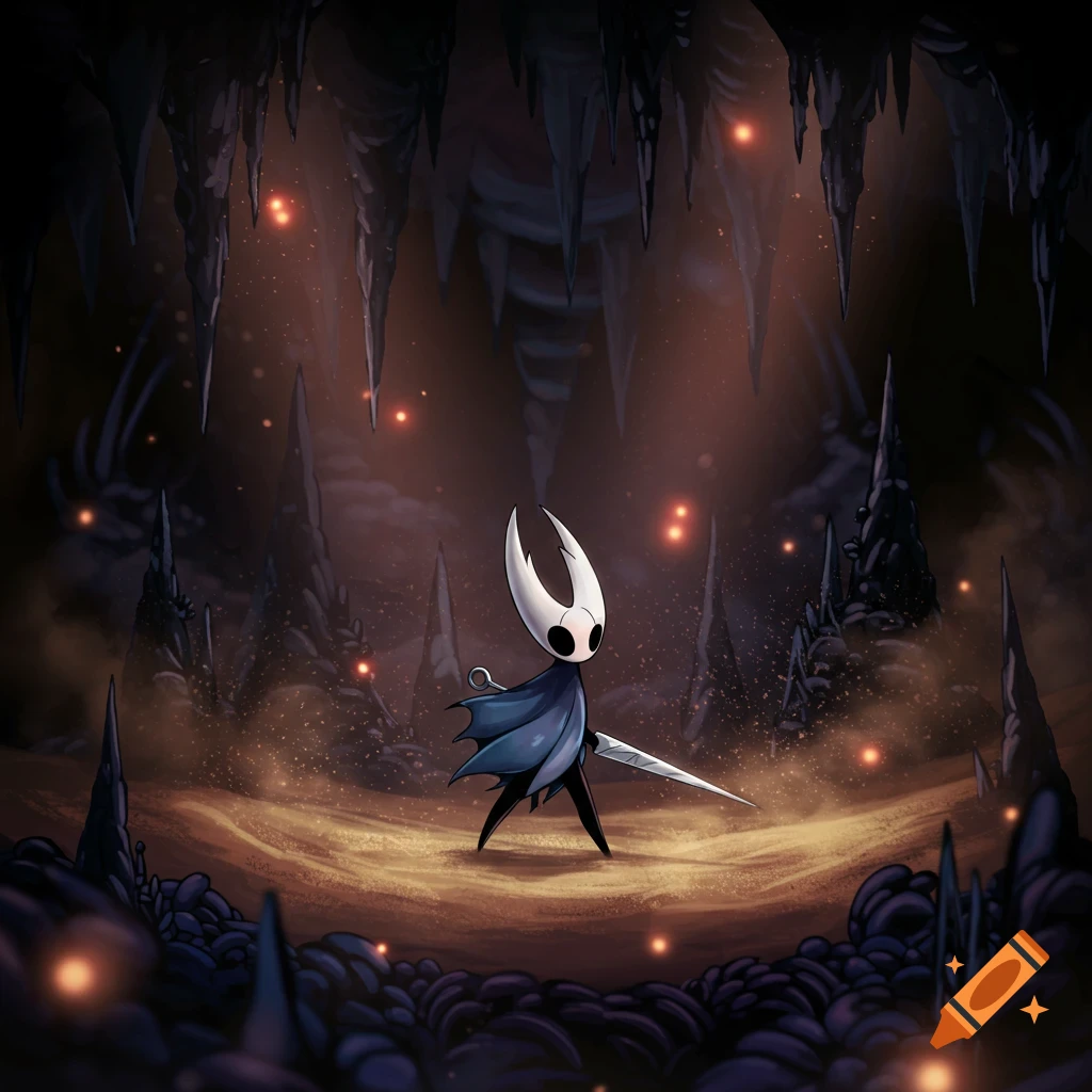 The Knight from Hollow Knight stands in a dark cave with glowing orange dust, spiky rock formations, and stalactites.
