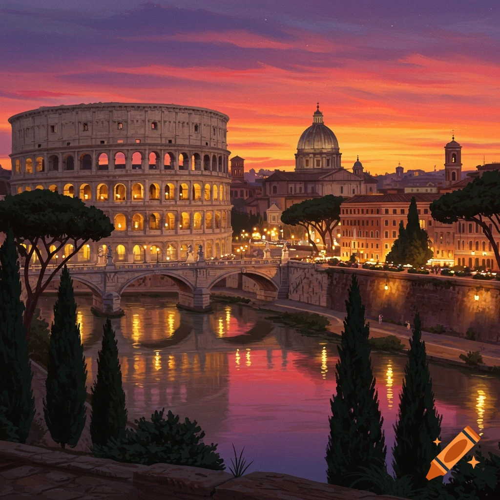 An illustrated view of Rome at sunset, featuring the illuminated Colosseum and a river reflecting the vibrant orange and purple sky.