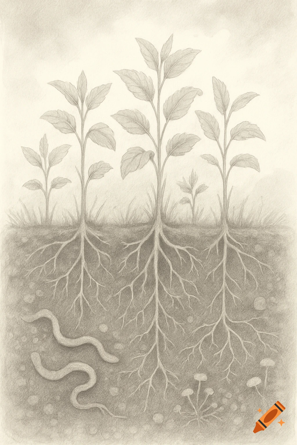 Greyscale pencil drawing showing a cross-section of soil with three plants and their roots, two worms, and small fungi.