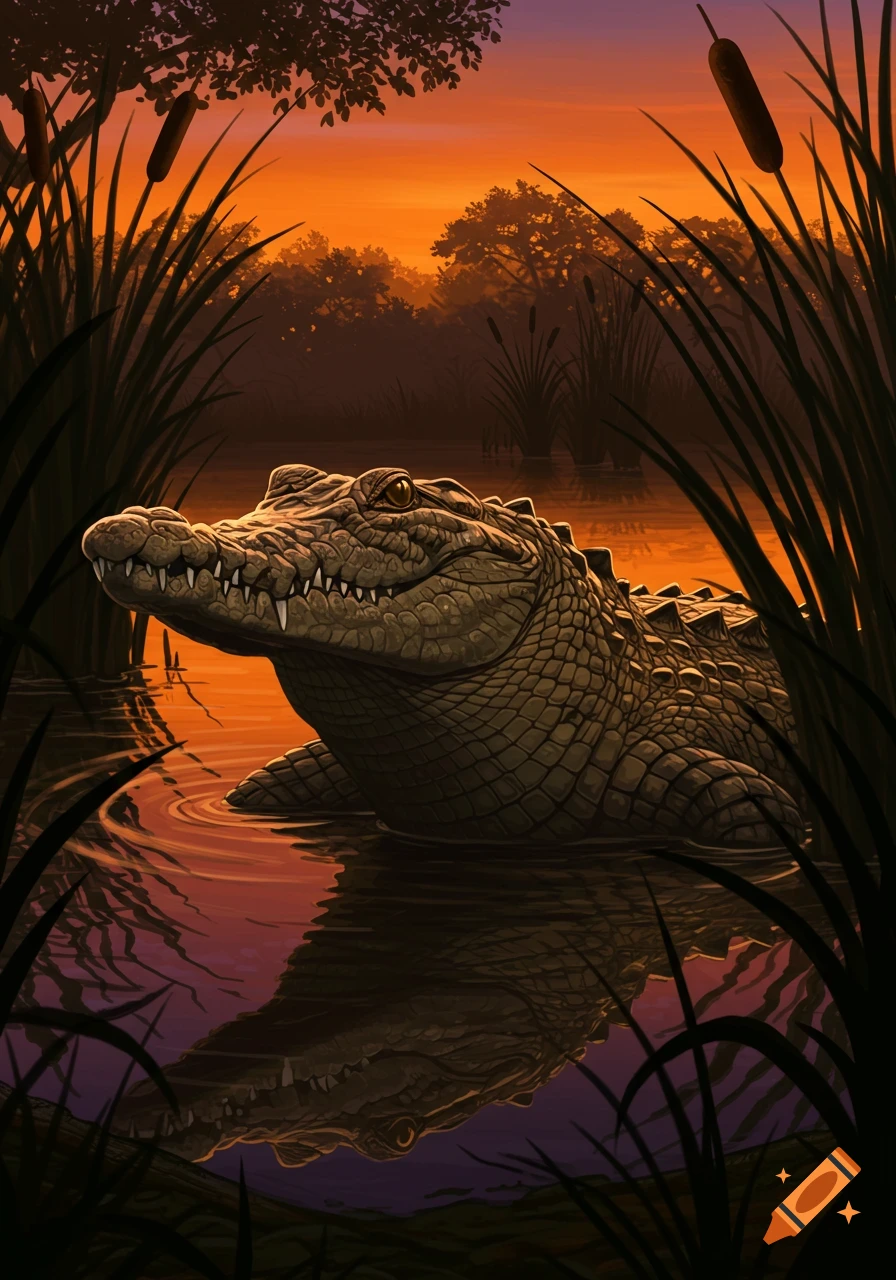 An illustration of a crocodile in water, surrounded by reeds, at sunset.