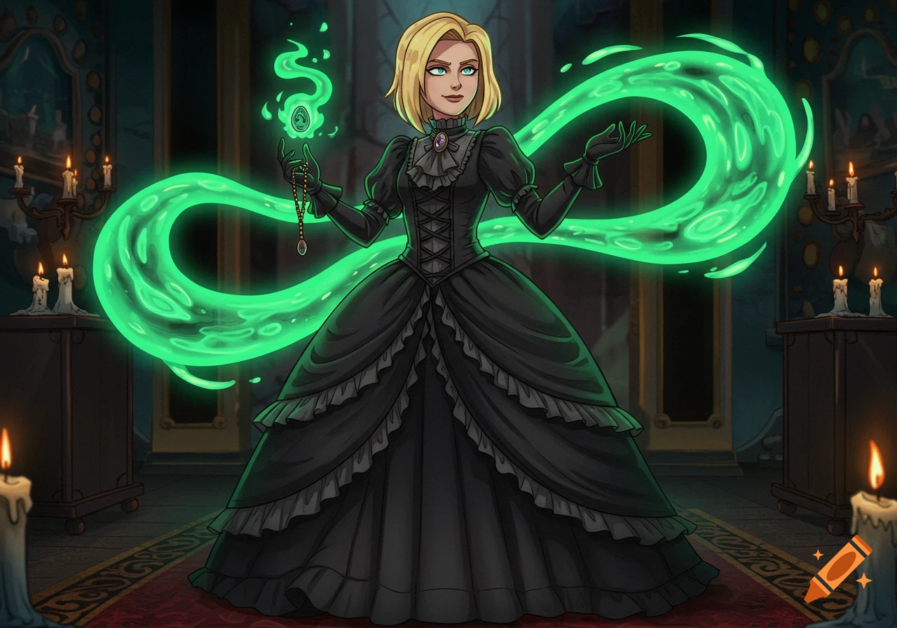 A blonde woman in a black Victorian dress stands in a dark room, conjuring green magical energy from an amulet, anime style.