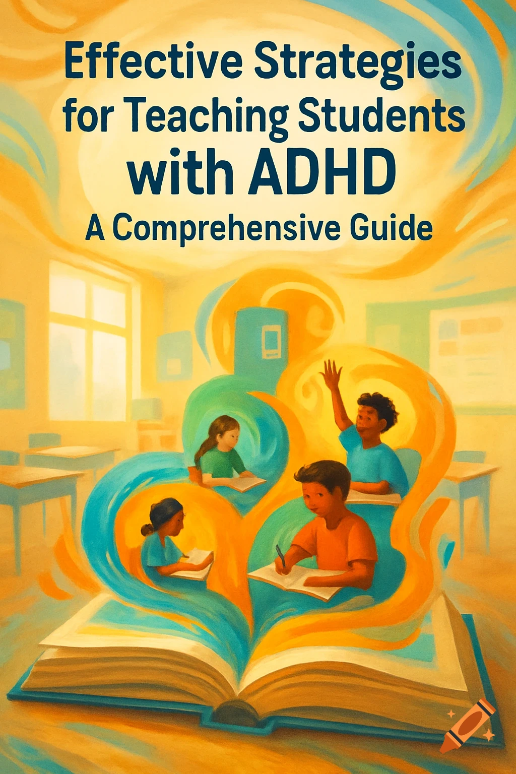Stylized illustration of an open book with swirling lines, showing diverse children studying in a classroom. Text: Effective Strategies for Teaching Students with ADHD.