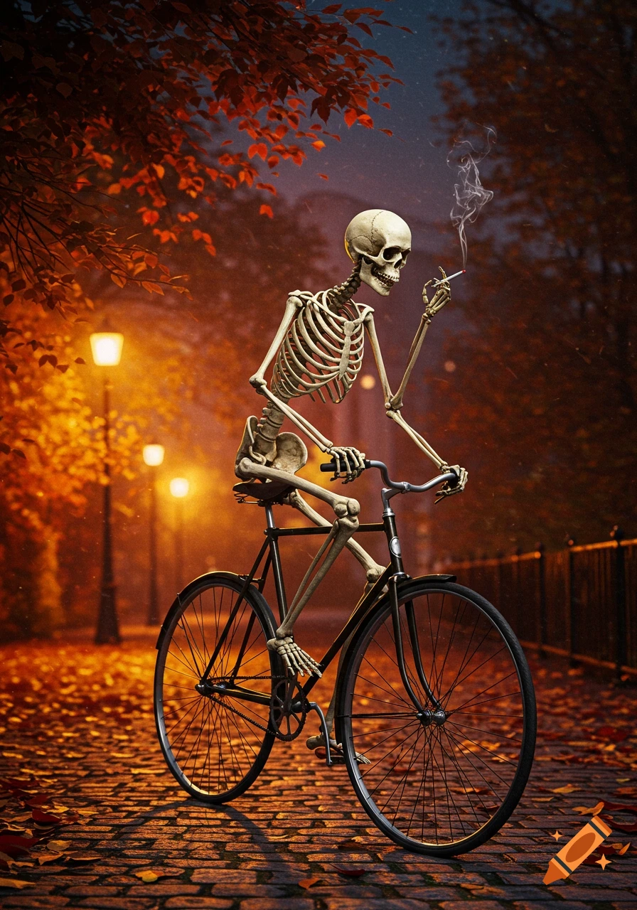 A photorealistic skeleton rides a bicycle on an autumn path at night, smoking a cigarette, illuminated by glowing streetlights.