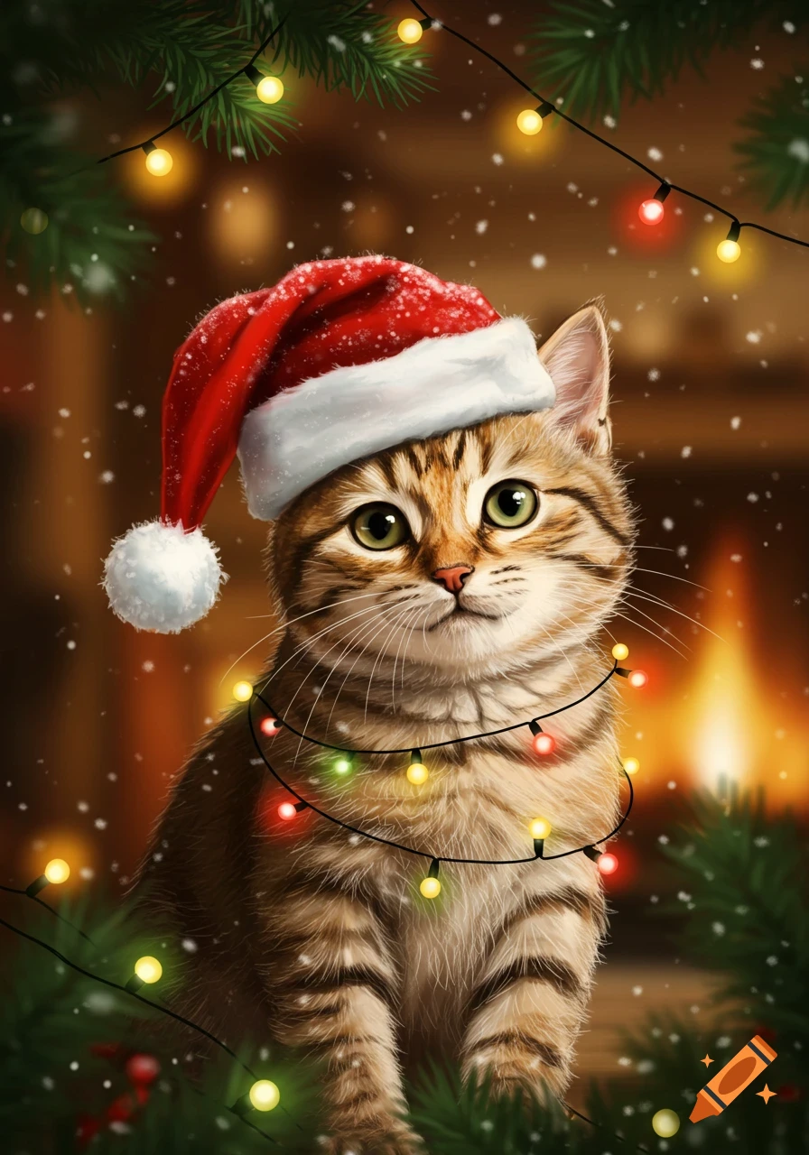 A cute tabby cat wears a Santa hat and is wrapped in colorful Christmas lights, with a fireplace and falling snow in the background.