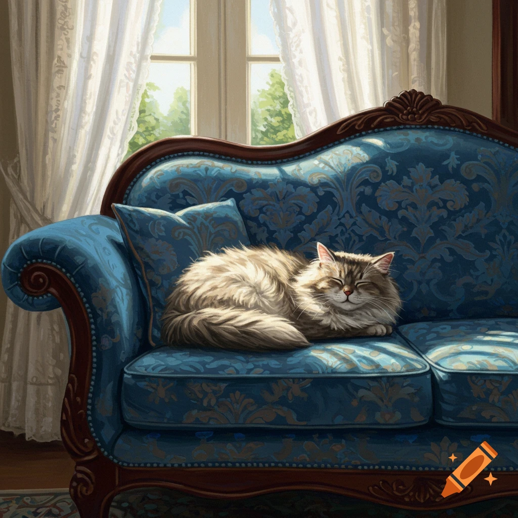 A fluffy brown and white cat sleeps soundly on a blue ornate sofa bathed in sunlight, with a window and white curtains in the background.