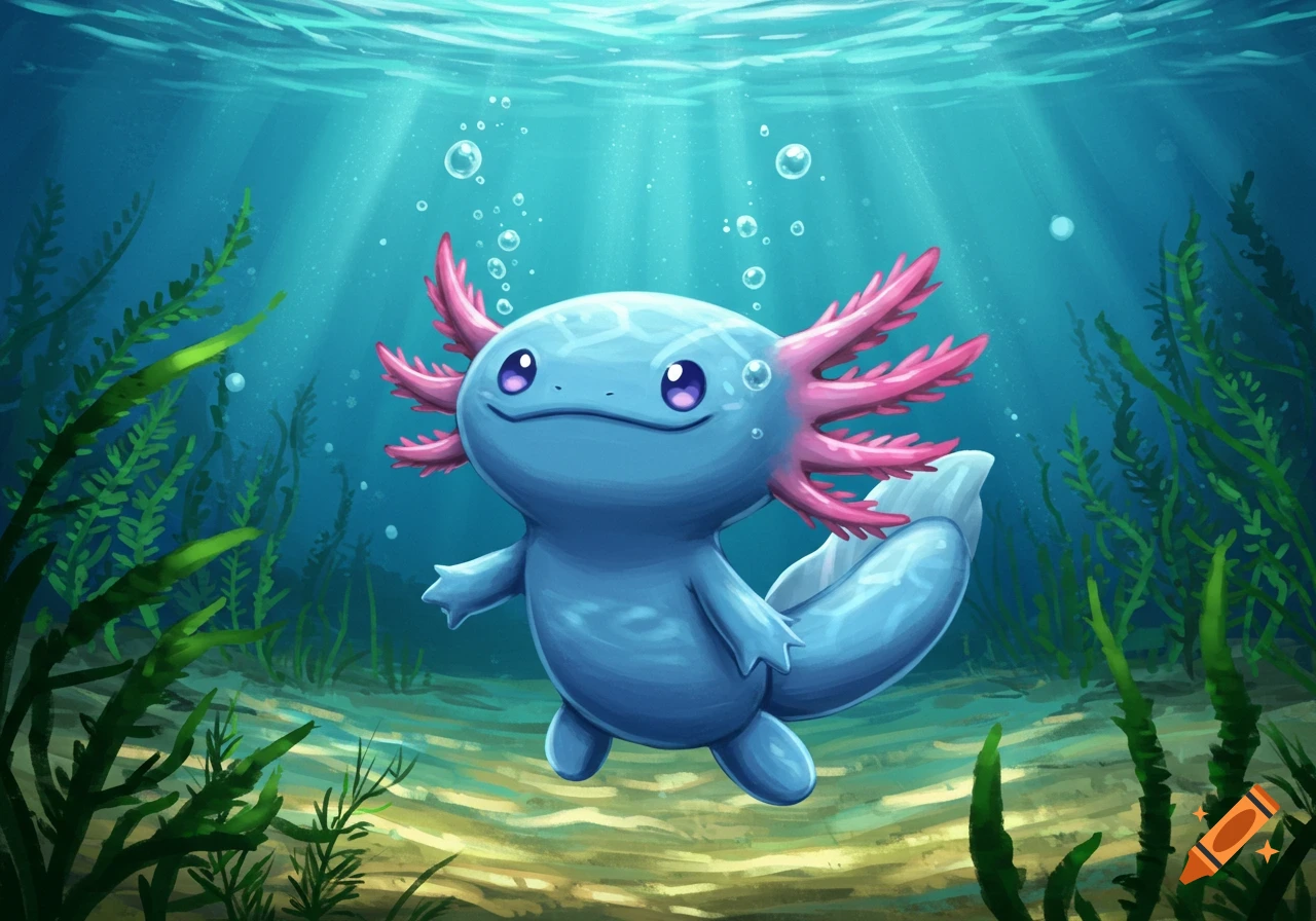 A cute blue Wooper Pokémon with pink gills swims underwater amidst green seaweed, with light rays filtering from the surface.