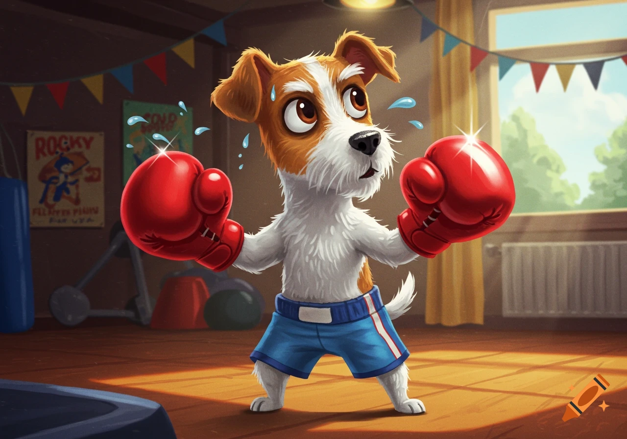 A cartoon Jack Russell dog named Rocky, wearing red boxing gloves and blue shorts, sweating in a training room.