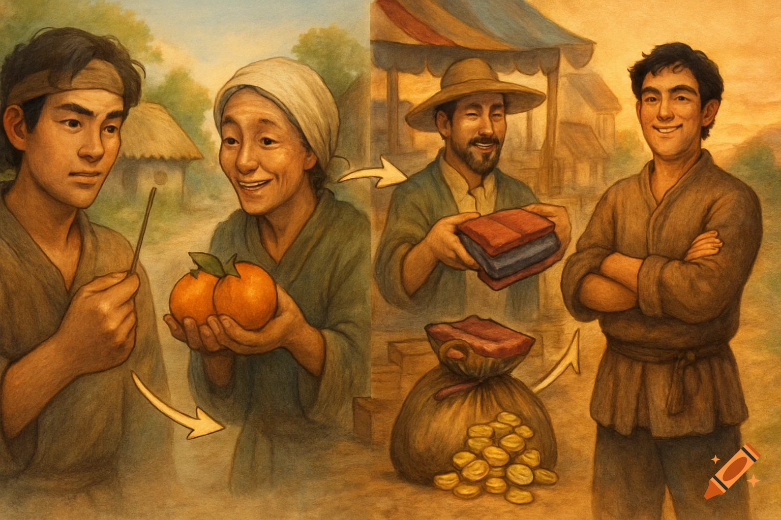 A multi-panel illustration depicts a young man trading straw for oranges, then cloth, finally receiving gold coins and prosperity in a village.
