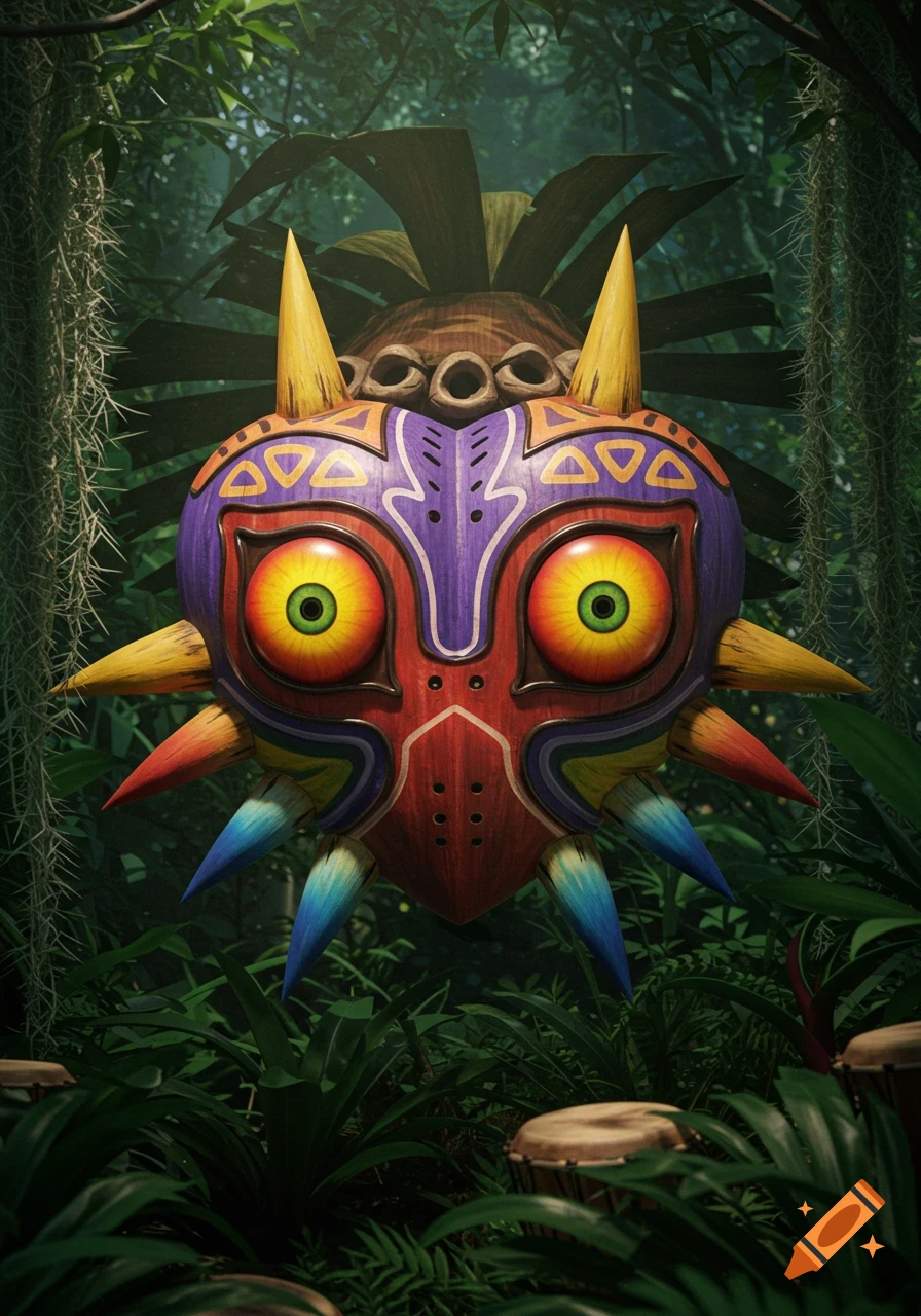 A photorealistic depiction of Majora's Mask from The Legend of Zelda, with vibrant colors, set in a lush jungle environment.