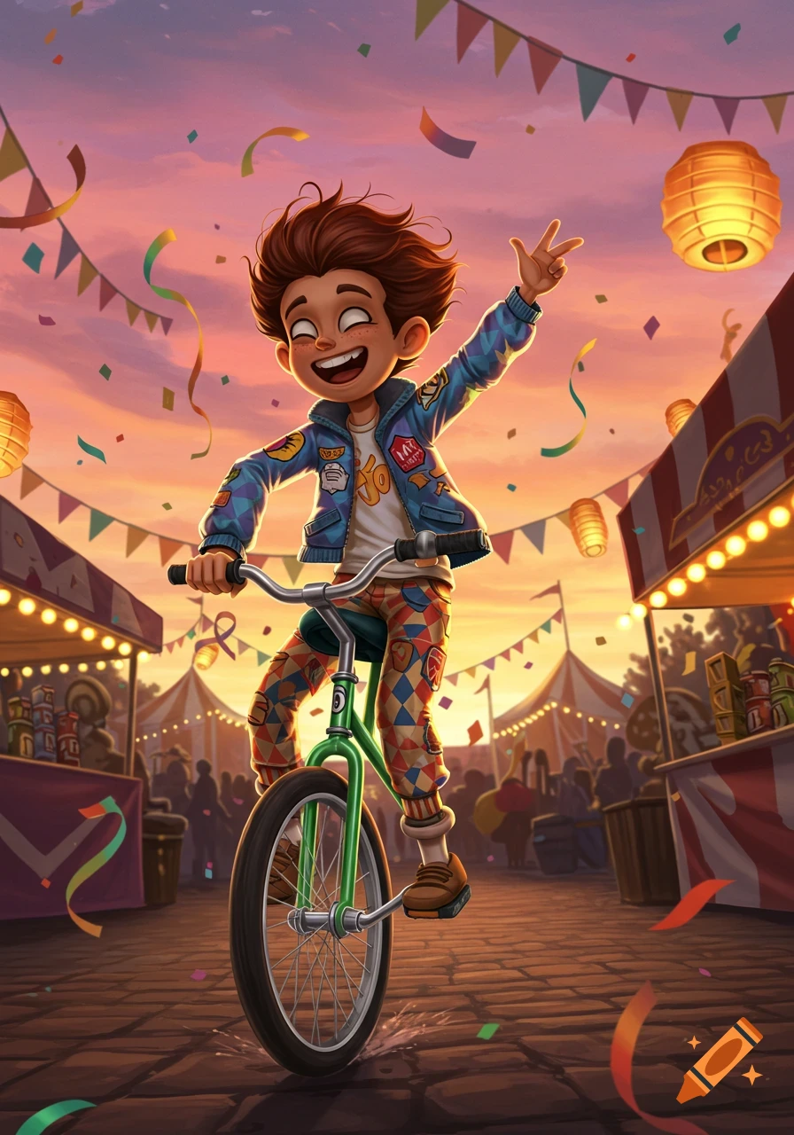 A happy cartoon boy on a green unicycle at a vibrant carnival during sunset, with confetti falling.