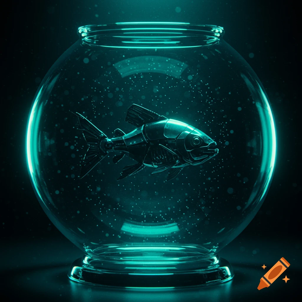 Sleek, stylized robotic fish with metallic scales and fins, swimming in a glowing glass fishbowl, dark turquoise and black cinematic lighting.