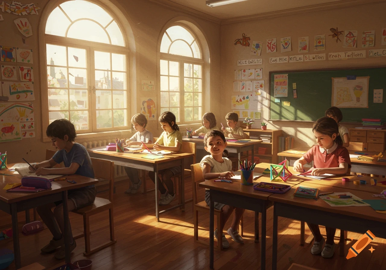 Children sit at desks in a sunlit classroom, drawing and doing crafts. Photorealistic style.