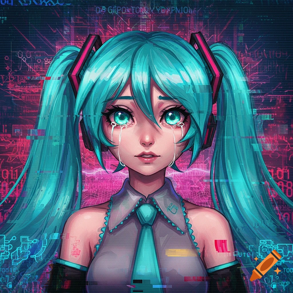 An anime girl with long blue pigtails and headphones, Hatsune Miku, crying with digital tears. The image has a distorted, glitched aesthetic with pink and blue circuit patterns and binary code in the background.
