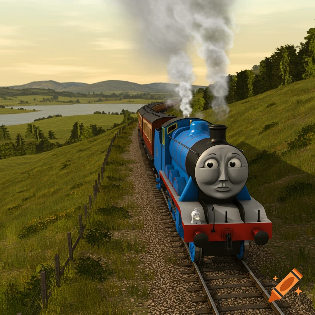 Gordon the blue engine pulls passenger cars along train tracks through a green, hilly landscape with a lake and mountains under a warm sky.