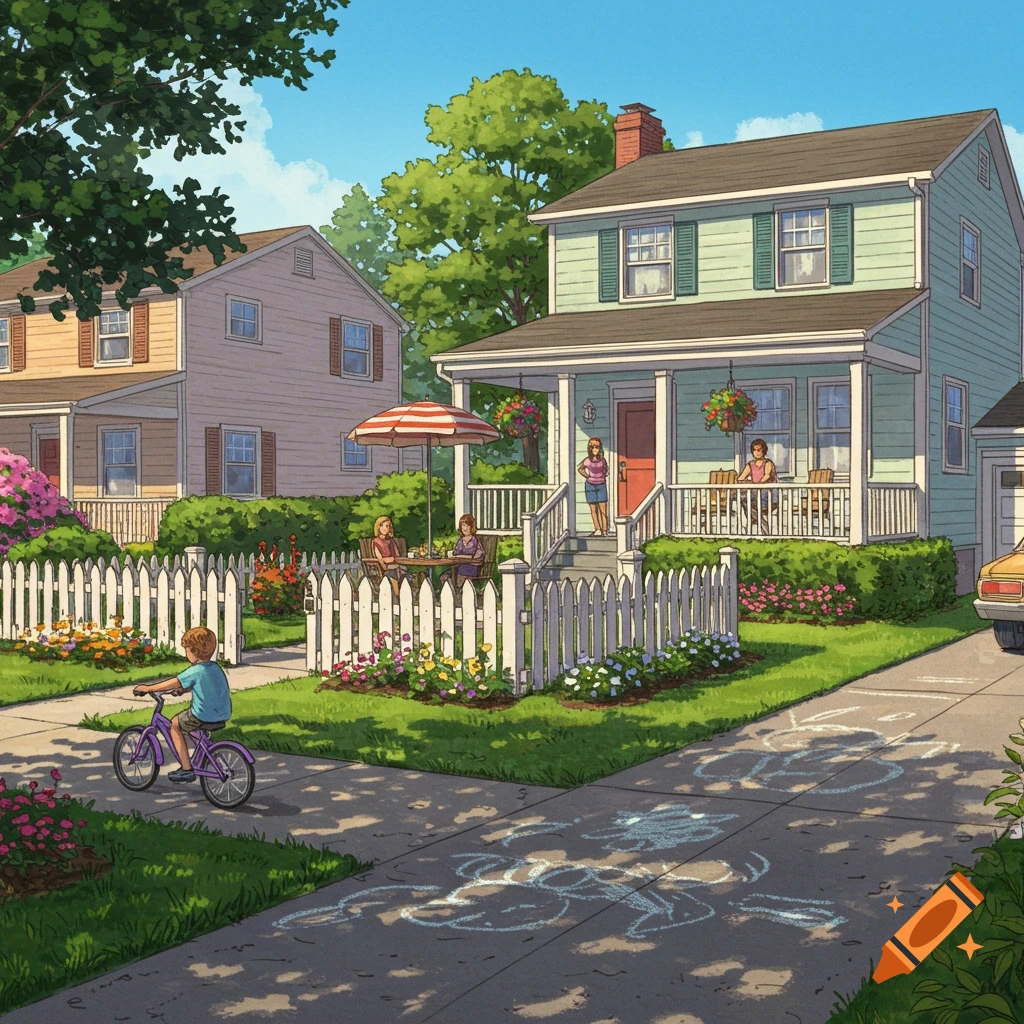 A bright illustration of a suburban neighborhood with houses, a child on a purple bike, and people relaxing on porches and in gardens.
