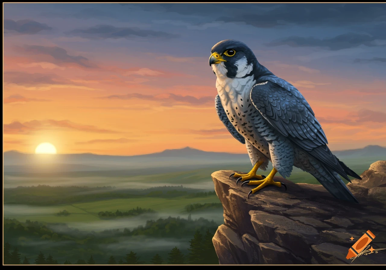 A digital painting of a Peregrine Falcon perched on a cliff overlooking a misty valley at sunset.