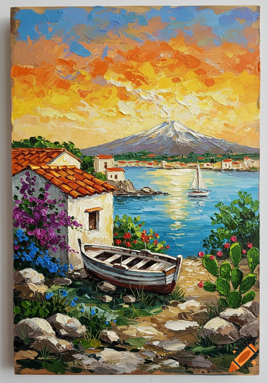 Vibrant impasto painting of a Mediterranean village, white house with bougainvillea, boat on shore, blue sea with sailboat, and a snowy mountain under an orange sky.