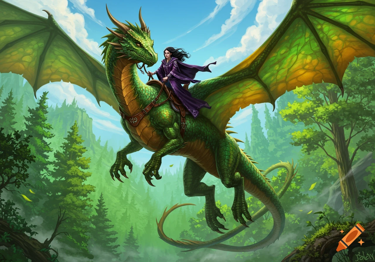 A majestic green dragon with a dark-haired rider in a purple cloak flies over a lush green forest under a bright blue sky.