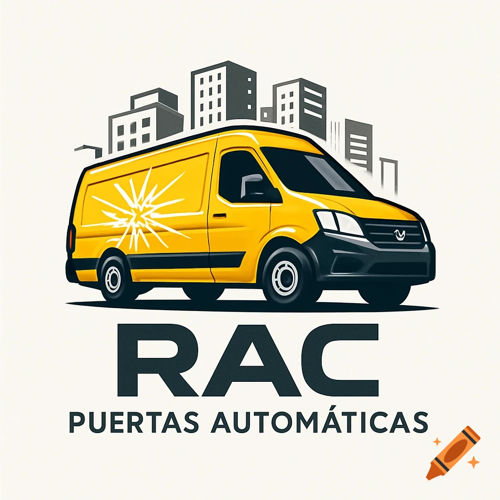 Logo of a yellow delivery van with a broken glass graphic against city buildings, with the text 'RAC PUERTAS AUTOMÁTICAS'.