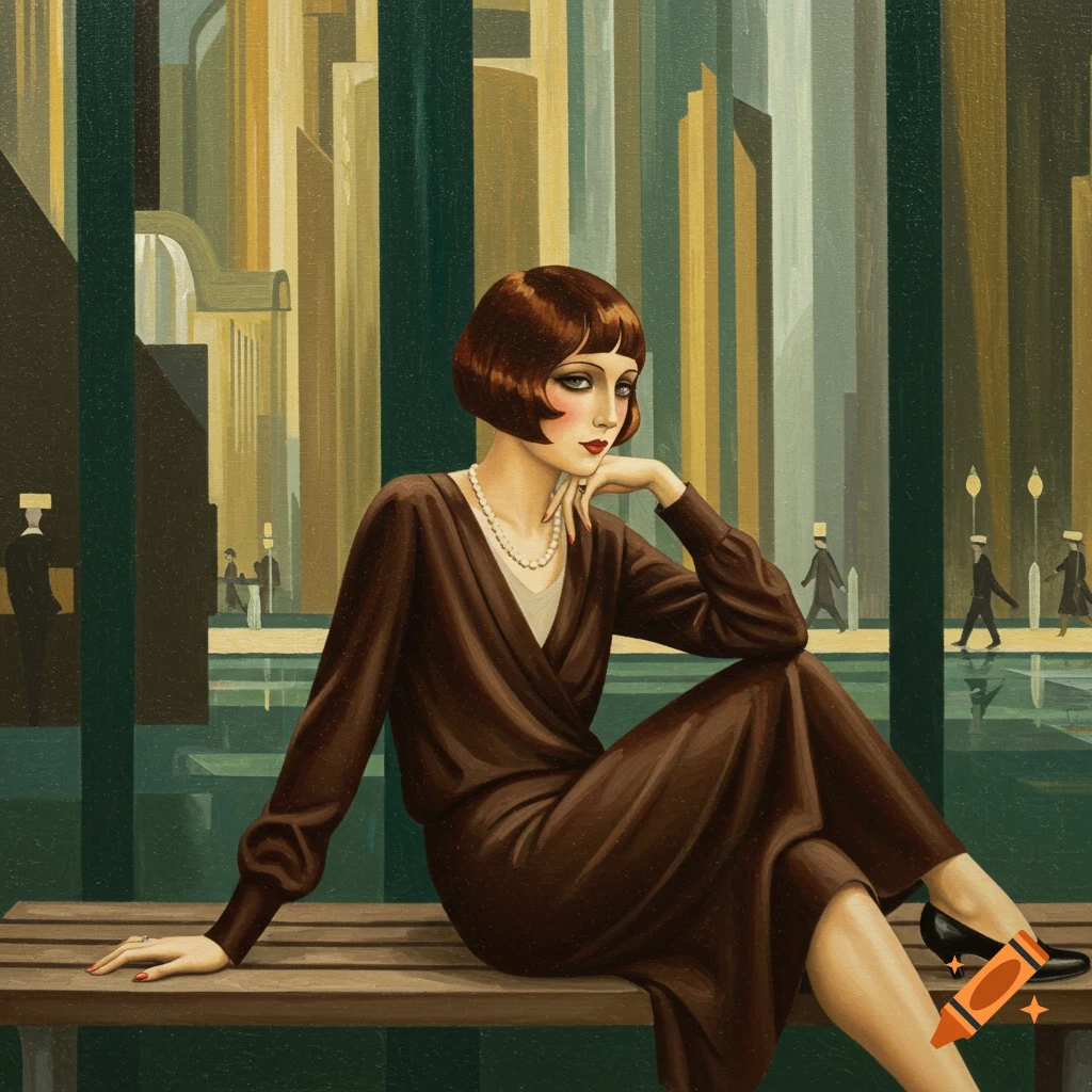 Art Deco oil painting of a woman with a bob haircut, in a brown dress and pearls, sitting on a bench in a stylized city.