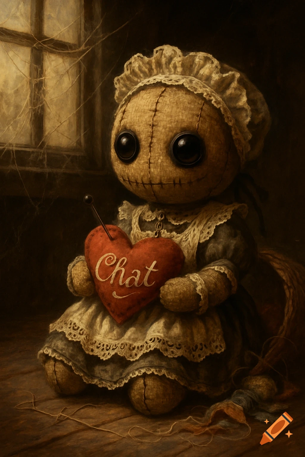 A creepy voodoo doll dressed as a maid, with large button eyes, holds a red heart stitched with 'Chat' in a dark, dusty room.