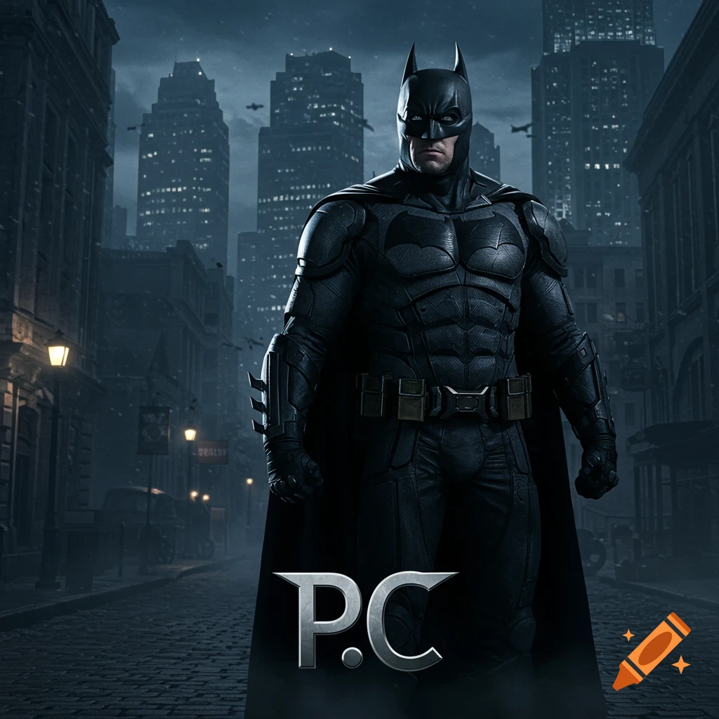 Photorealistic Batman stands stoically in a dark, rainy city street at night, with towering skyscrapers behind him and 'P.C' text at the bottom.