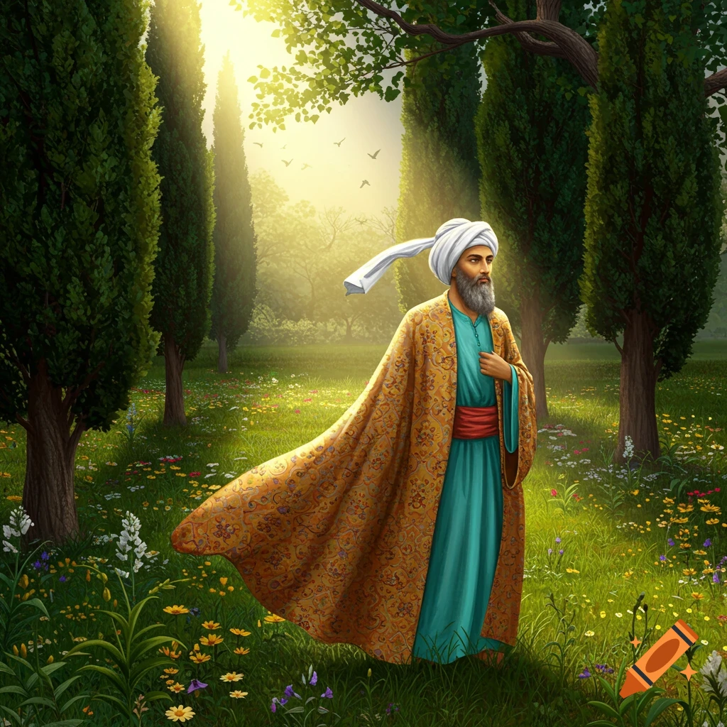 A man with a beard and turban in a flowing patterned robe walks through a sunlit, wildflower-filled garden.