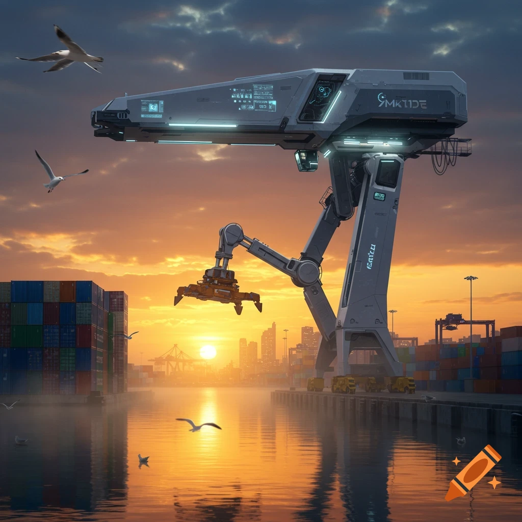 A futuristic autonomous harbor crane illuminated by the setting sun over a calm body of water, with shipping containers and a distant city skyline.